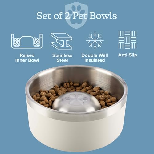 Set of 2 Stainless Steel Slow Feeder Dog Bowls - 60oz/7.5 Cups Double Wall Insulated Food and Water Bowls for Dogs - Non Slip Metal Pet Dishes for Medium to Large Sized Pets by PETMAKER (Cream) - size: 60oz