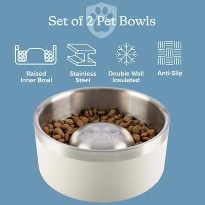 Set of 2 Stainless Steel Slow Feeder Dog Bowls - 60oz/7.5 Cups Double Wall Insulated Food and Water Bowls for Dogs - Non Slip Metal Pet Dishes for Medium to Large Sized Pets by PETMAKER (Cream) - size: 60oz
