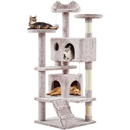 Yaheetech 54in Cat Tree, Cat Tower with Double Condo, Sisal Scratching Posts, and Dangling Balls, Pet Furniture Kitten Play House - color: Brown/White, size: 54in