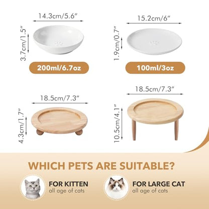 Havniva Cat Bowls Elevated 5.6” Ceramic Cat Bowl with Stand Whisker Friendly Cat Dishes, Cat Food & Water Bowl Set with Two Heights Options, Raised Cat Food Plates for Kitten Anti-Slip Pet Bowls - color: 1 Bowl+1 Shallow Dish+Stand- White