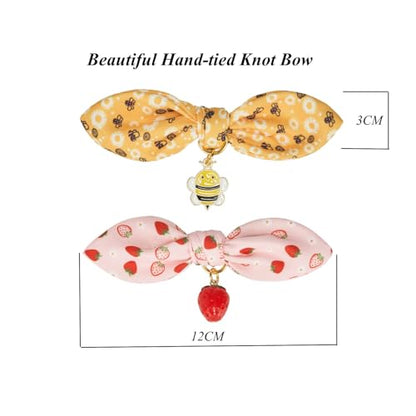 2 Pack Cotton Cat Collar, Removable Bowtie, Floral Pattern, Safety Breakaway Clasp, Adjustable for Cats.(Adult Cat, Bee+Strawberry) - color: 2 Pack (Bee+Strawberry)
