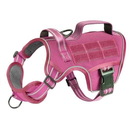 Small Dog Harness, Heavy Duty Tactical No Pull Dog Harness, No Choke, Easy On and Off Pet Vest with Molle System, Adjustable Reflective Dog Vest with Breathable Padded for Walking Hiking Training - color: Pink, size: S(Neck:16-22",Chest:20-28"),18-35 lbs