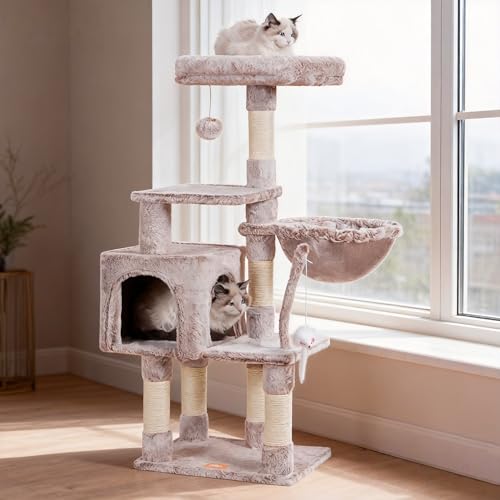 Heybly Cat Tree with Toy, Cat Tower Condo for Indoor Cats, Cat House with Padded Plush Perch, Cozy Hammock and Sisal Scratching Posts, Muchroom HCT004SMU - color: Muchroom, size: 43.3 inch
