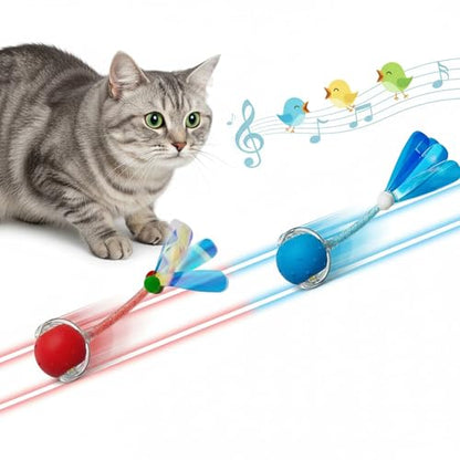 Interactive Cat Toys Ball for Cats - Upgrade Automatic Cat Toys for Indoor Cats, Chirping Cat Toy, 3 Modes 2 Speed Moving Cat Ball with Dragonfly Feathers 2PCS (Red Blue) - color: RedBlue-3