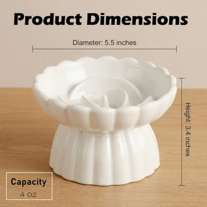 Ceramic Cat Slow Feeder, Raised Slow Feeder Cat Bowl, Anti Vomiting and Whisker Friendly Kitty Dish, Elevated Puppy Kitten Food Bowl for Dry and Wet Food (White) - color: White