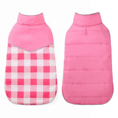 Geyecete Dog Winter Coat,Reversible Dog Coat Water Resistant British Style Plaid Dog Winter Coats Leash Hole Soft Basic Warm Dog Coat Jacket-Pink-M, Medium - color: Pink, size: Medium