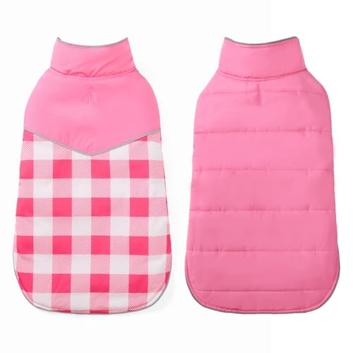 Geyecete Dog Winter Coat,Reversible Dog Coat Water Resistant British Style Plaid Dog Winter Coats Leash Hole Soft Basic Warm Dog Coat Jacket-Pink-L - color: Pink, size: Large
