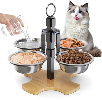 Elevated Cat Food Bowls, 3 Adjustable Heights Raised Cats Bowl for Indoor Cats Small Dogs with 4 Stainless Steel Bowls, Pet Food and Water Bowl