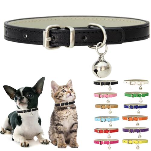 Black XS Dog Collar with Bell, Soft Pu Leather Cat Collars Adjustable Buckle for XXS Extra Small Medium Tiny Male Boys Girls Pets Puppy Kitten Teacup Yorkie X-Small - color: Black, size: XS for Neck 8"-10.5"