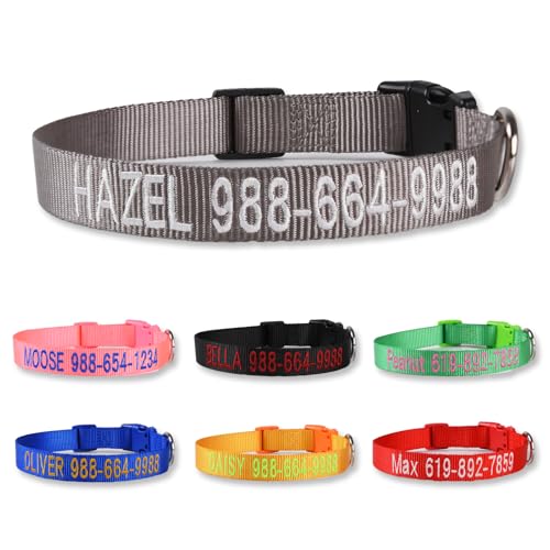 Personalized Dog Collar, Custom Embroidered Pet Name and Phone Number, Adjustable 5 Sizes XS Small Medium Large XL, Quick Release Snap Buckle Dog Collar,Gray - color: Gray