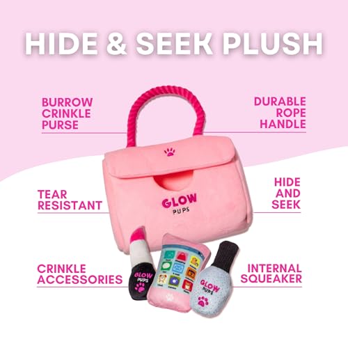 Glow Pups Dog Hide and Seek Purse Toy for Dog, Pink Purse Dog Toys Filled with Squeakers & Crinkle Material, Interactive Plush Lipstick, Dog Phone e & Nail Polish Toys for Small Dogs - Pink/Fuchsia - style: Pink Purse Dog Toy with Lipstick, Cell Phone and