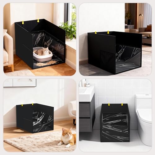 Aokeyee Black Waterproof Cat Litter Box Enclosure Splash Guard with Removable PVC Mat, Foldable Pet Litter Box Shield with 2 Hooks - color: Black