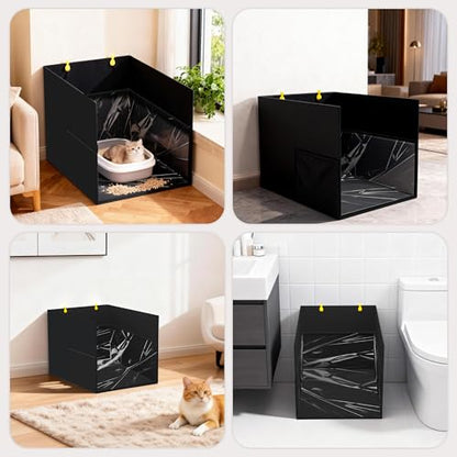 Aokeyee Black Waterproof Cat Litter Box Enclosure Splash Guard with Removable PVC Mat, Foldable Pet Litter Box Shield with 2 Hooks - color: Black