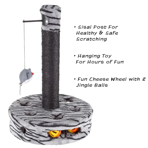 Cat Scratching Post - Interactive Play Area with Sisal Rope Scratcher and Hanging Toy for Indoor Cats - Scratch Tree for Pets by PETMAKER (Black/Gray)