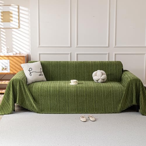 Boho Chenille Couch Cover for Dogs, Non Slip Sofa Cover, Couch Slipcover Covers for 3 Cushion, Furniture Protector with Tassels for Pets Washable, 71"x102", Fishbone Green - color: Fishbone Green, size: 71*102 inch
