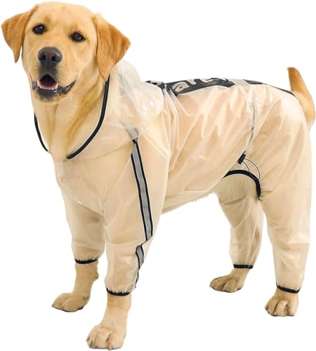 Olsa Dog Raincoat, Dog Hooded Slicker Poncho, 4 Legs Rain Jacket with Reflective Stripe, Transparent Water Proof Resistant Rain Snow Clothes for Small Medium Large - color: White, size: 2XL