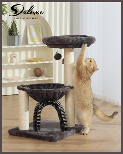 Simple Deluxe Small Cat Tree Tower for Indoor Cats, 5-in-1 27.8" Multi-Level Cat Tree with Scratching Posts, Plush Hammock, Perch, Self Groomer Brush, Dangling Ball for Kittens/Small Cats Play &Rest