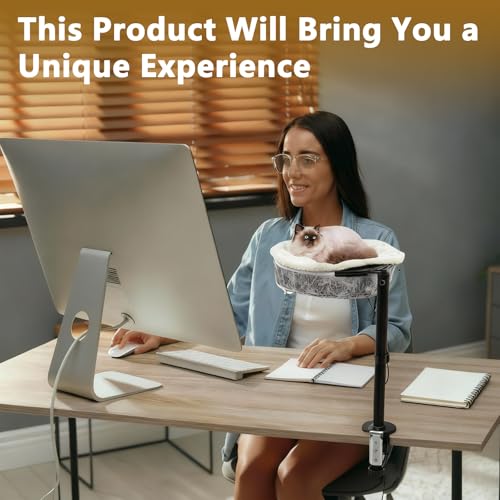 AceOrbit Cat Desk Bed with Removable Heating Pad, Space-Saving Cat Perch for Office & Gaming Desks, 40lbs Capacity, 4-Season Cats Bed for Indoor