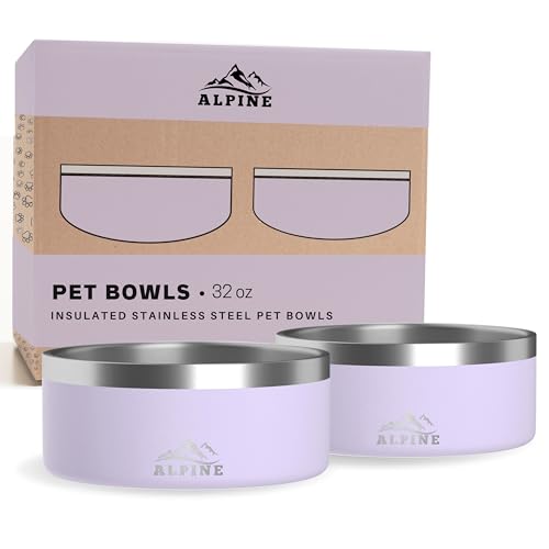 ALPINE Set of 2 Stainless Steel Dog Bowls, Non Slip, Metal Pet Bowl for Food and Water, Double Walled Insulated, Rustproof, Dishwasher Safe (32 oz, Lavender) - color: Lavender, size: 32 oz