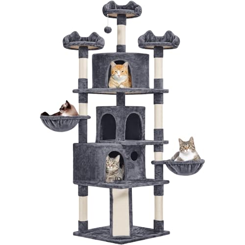 Yaheetech 76.5in Multi-Level Large Cat Tree, Big Cat Tower with 3 Condos, Cozy Plush Perches, 9 Sisal Scratching Posts and Ladder, Activity Center for Large Kitties, Dark Gray - color: Dark Gray