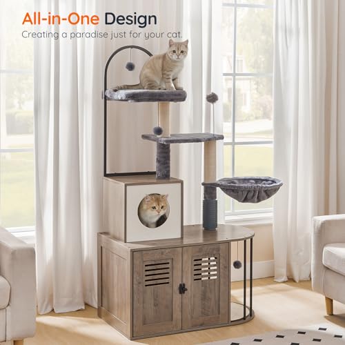 HOOBRO Cat Tree with Litter Box Enclosure, Arched All-in-One 31.5" Cat Tower with Hidden Litter Box Furniture for Indoor Cats, Versatile Cat Condo with Sisal Posts, Hammock, Greige and Gray BG45MZ03 - color: Greige and Gray