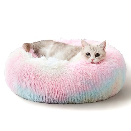 WESTERN HOME WH Calming Dog & Cat Bed, Anti-Anxiety Donut Cuddler Warming Cozy Soft Round Bed, Fluffy Faux Fur Plush Cushion Bed for Small Medium Dogs and Cats (20"/24"/27"/30") - color: Rainbow, size: 20.0"L x 20.0"W x 6.0"Th