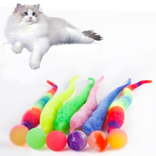 Bouncy Ball With Tail Cat Toy, 6 Packs Rainbow Magic Worm With Ball for Cats, Colorful Fuzzy Worm Bouncy Balls (Rainbow Large) - color: Large Rainbow fuzzy worm (Original)