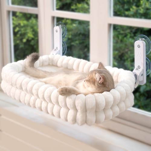 Cat Window Perch for Indoor Cats Hammock for Window with Reversible Cushion, Foldable Cat Window Bed for Large Cats and Kittens(White,Medium) - color: White, size: Medium
