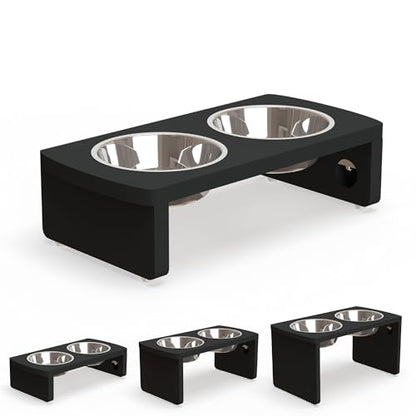 Elevated Dog Bowls, Bamboo Raised Dog Bowl for Small Dogs & Cats, with 2 Stainless Steel Bowls (4'' Tall-20oz Bowl, Black) - color: Black, size: Small: 4'' Tall-20oz Bowl