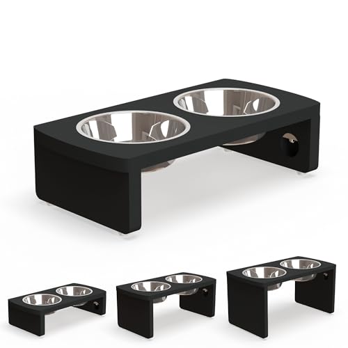 Elevated Dog Bowls, Bamboo Raised Dog Bowl for Small Dogs & Cats, with 2 Stainless Steel Bowls (4'' Tall-20oz Bowl, Black) - color: Black, size: Small: 4'' Tall-20oz Bowl