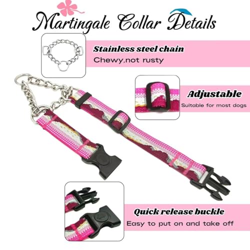 Martingale Dog Collars with Stainless Steel Chain, Reflective No Pull Walking Training Collar with Quick Release Buckle, Adjustable Slip Chain Nylon Dog Collars for Small Medium Large Dogs - color: Pink and white, size: Large