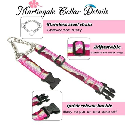 Martingale Dog Collars with Stainless Steel Chain, Reflective No Pull Walking Training Collar with Quick Release Buckle, Adjustable Slip Chain Nylon Dog Collars for Small Medium Large Dogs - color: Pink and white, size: Medium