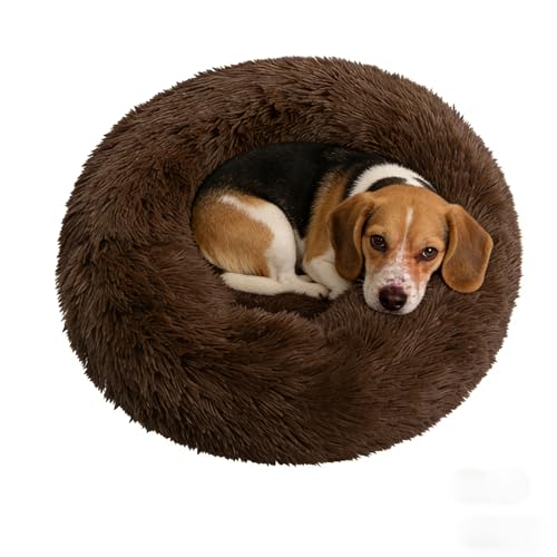 Calming Donut Dog Beds for Small Dogs Cats - Washable Removable Cover Non-Slip Bottom, Round Pet Bed Puppy Bed Warming Fluffy Faux Fur Anti-Anxiety, Fits up to 25 lbs (Coffee, 23") - color: Coffee, size: 23"L x 23"W x 8"Th