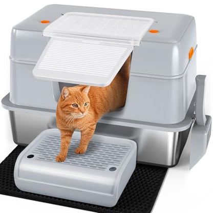 Vivifying Stainless Steel Litter Box with Lid, XL Side Entry Extra Large Litter Box for Big Cats & Kitty, Removable Enclosed Metal Cat Pan with High Sided Enclosure, Scoop, Mat, Footboard (Gray) - color: Gray