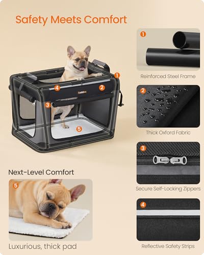 Feandrea Collapsible Dog Crate, 24-Inch Portable Dog Travel Crate for Small Dogs, Oxford Fabric Pet Carrier with 4 Mesh Doors, Handles, Storage Pocket, Water Bottle Holder, Ink Black UPDC016B01 - size: 24.0"L x 16.5"W x 16.5"H