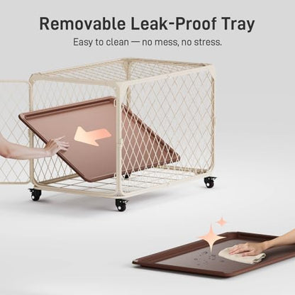 42 Inch Dog Crate with Lockable Wheel, Diamond Mesh Metal Dog Kennel Cage with Double Secure Latch & Leak-Proof Tray, Escape-Proof Dog Crates for Large Dogs Breeds, Dogs up to 200 lbs - size: 43.2"L x 29.1"W x 29.4"H
