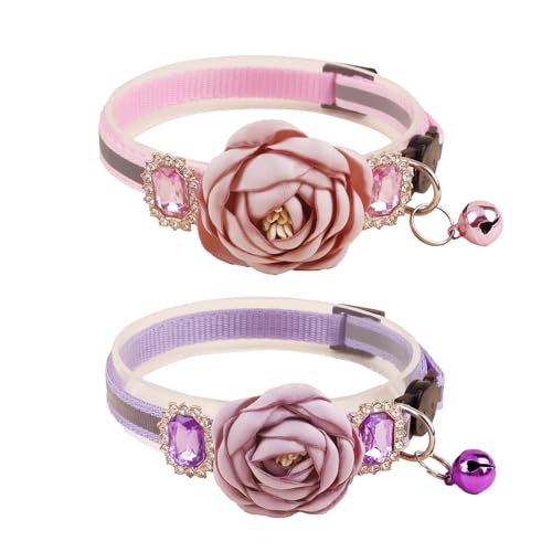 2 Pack Cat Collar Pink Floral with Bell and Removable Flower Bowtie Breakaway Adjustable Cat Collar for Girl Kitten Puppy Small Cats Dogs Daily Decoration (XQ9-4) (XQ9-5) - color: XQ9-5