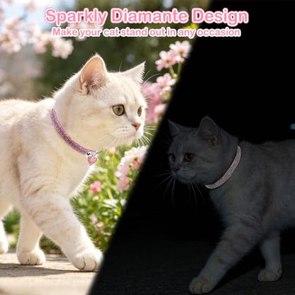 Rhinestone Cat Collar Breakaway with Bell Safety Buckle, 2 Pack Bling Diamond Kitten Collar for Gril Cats, Soft Velvet Female Cat Collars Adjustable 8-12 Inch, Pink - color: Rose Pink(2 Pack), size: 8"-12" Cats / Mini Dogs
