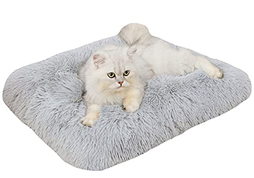 Long Plush Calming Pet Bed Cuddler Pet Bed for Dogs and Cats Fluffy Faux Fur Dog Bed with Anti Slip Bottom Machine Washable Pet Sleep Bed Crate Mat Light Grey M - color: Light Grey, size: M(25"x19"x4")