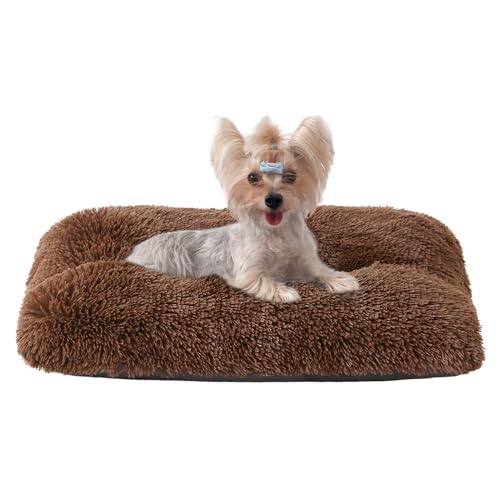 EHEYCIGA Fluffy Dog Crate Bed for Small Dogs, Plush Faux Fur Crate Pad, Calming Anti Anxiety Small Dog Bed, Washable Soft Warm Mat with Non-Slip Bottom, Coffee - color: Coffee, size: 23.6 x 17.5