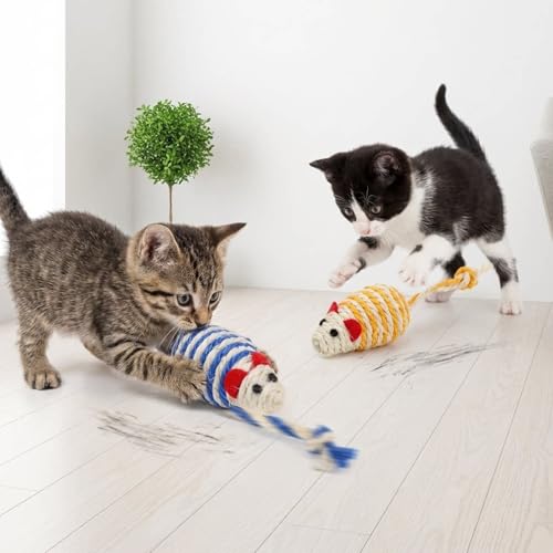 LOGOFUN 6pcs Cats Mouse Plush Toys Catnip Filled Cat Toys with Sisal Mice Handmade Rope Pet Toy for Indoor Cats Kitten Interactive Play Supplies - Blue & Yellow
