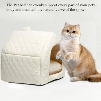 2-in-1 Indoor Cat House & Bed - Cozy Animal Cave & Tent for Large Cats & Small Dogs, Removable Washable Pillow Cushion Included(White) - color: White