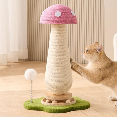 Mushroom Cat Scratching Post Cat Tree, 21.5‘’ H Cute Cat Scratcher Tower with Durable Solid Wood Turntable Toy, Baby Pink Mushroom Scratch Post Cat Sisal Scratcher with Catnip for Indoor Adult Cats - color: Pink Mushroom