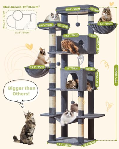 Taoqimiao Cat Tree Tower, 76-Inch Sturdy Cat Tree for Indoor Cats Large Adult Cat Tower with Scratching Posts，2 Condos, 2 Perches, 2 Large Hanging Baskets, Soft Hammock, MS046G Smoke Gray - color: Smoke Gray