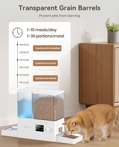 Rojeco 36Cups/8.5L WiFi Automatic Cat Feeder and Gravity Water Dispenser,Stainless Steel Bowls 2-in-1 Large Capacity 5L Food Dispenser with APP and 3.5L Water Fountain for Pets,Dogs,Puppies,Kittens - color: White, size: 8.5L-WiFi