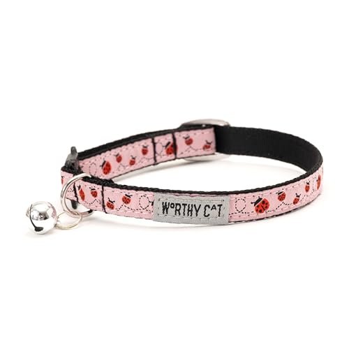 THE WORTHY DOG Ladybugi Cat Collar with Bell, Adjustable Nylon Safety Collar, Pink, One Size - color: Pink-Ladybug