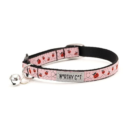 THE WORTHY DOG Ladybugi Cat Collar with Bell, Adjustable Nylon Safety Collar, Pink, One Size - color: Pink-Ladybug