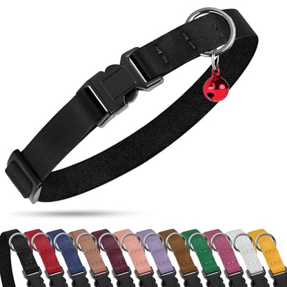 Breakaway Cat Collar with Bell - Leather Adjustable Kitten Collars with Safety Quick Release Buckle - Soft Small Pet Collars for Girl & Boy Cats - color: Black