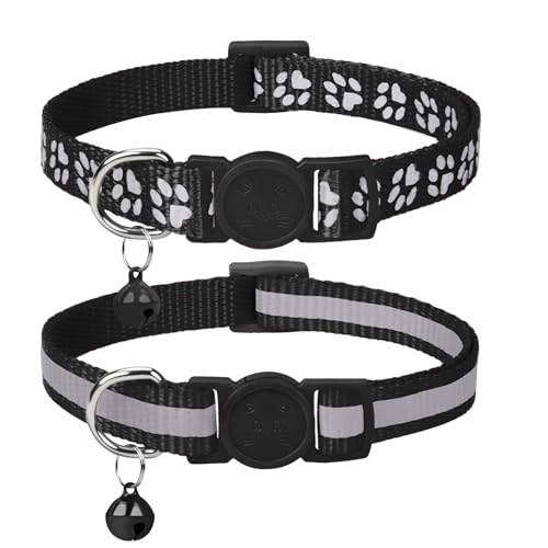 Taglory Kitten Collar Breakaway with Bell, Reflective Soft Cat Collar for Small Kittens, Adjustable 6-8 Inch High Visibility Night Strip, Lightweight for 2-6 Months Baby Cats, 2 Pack, Black - color: Black, size: 6-8"