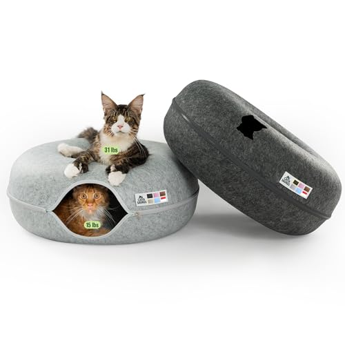 Cattasaurus Peekaboo Cat Cave Duo Jumbo Set, Extra Spacious Cat Donut for Multiple & Large Kitty 15+ lbs, Scratch Detachable Cat Beds for Indoor Cats, Washable Cat Tunnel Bed, Best Kitten Toys - color: Light Gray + Dark Gray, size: Jumbo